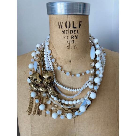 Gabriele Frantzen White Multi-Strand Statement Necklace with Gold-Tone Tigers - Picture 1 of 9